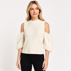 Zara Cold Shoulder Knit Top Shaggy Puff Sleeves Ivory Large